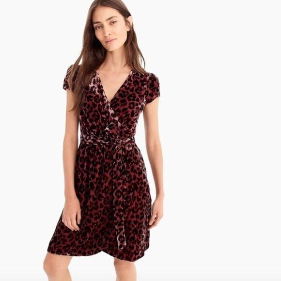 J, Crew Drapey Velvet Rose Leopard Print Pink Black Belted Wrap Dress sz 2 - Picture 1 of 14